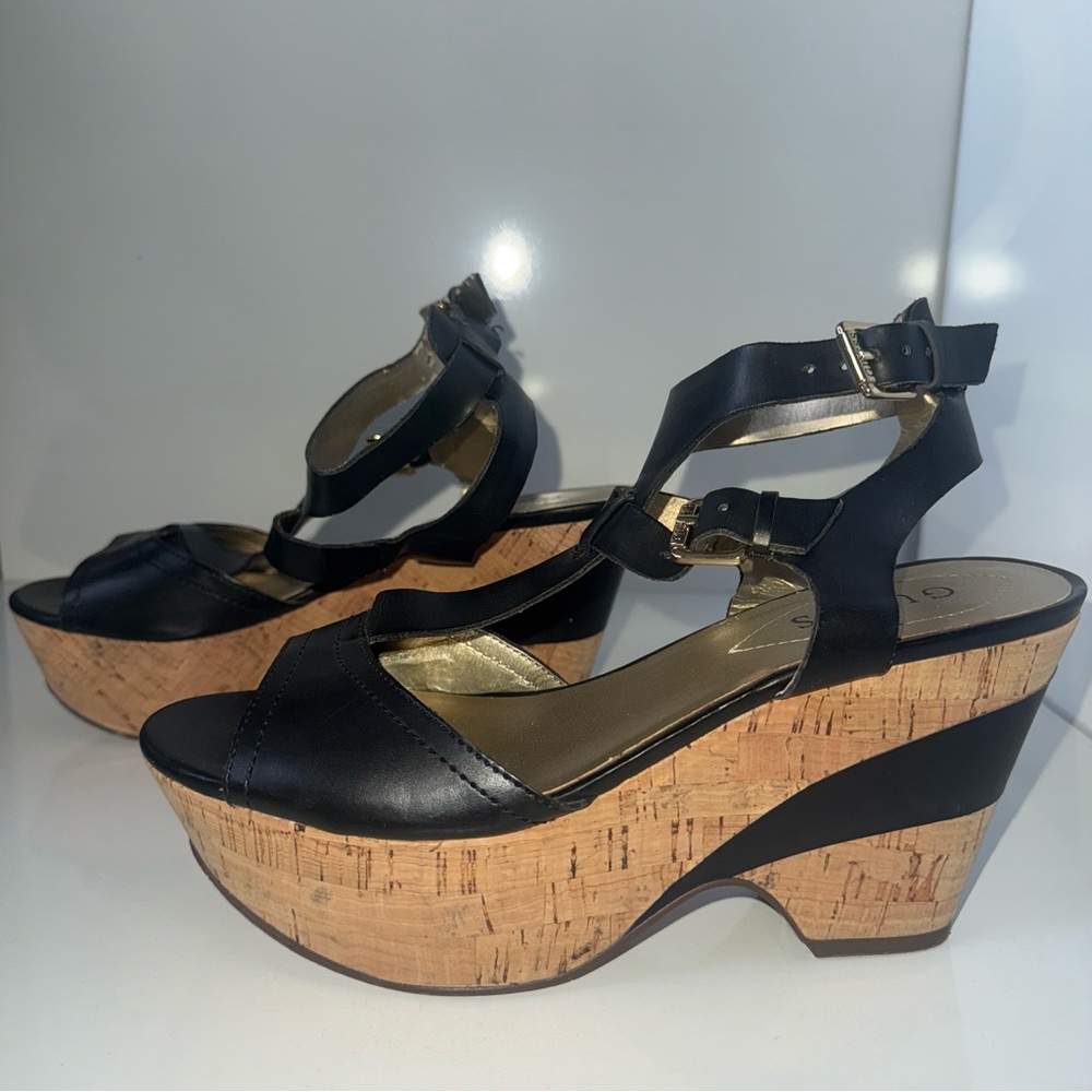 Guess Y2K Cork & Leather Black Strappy Wedge Sandals Size 7.5